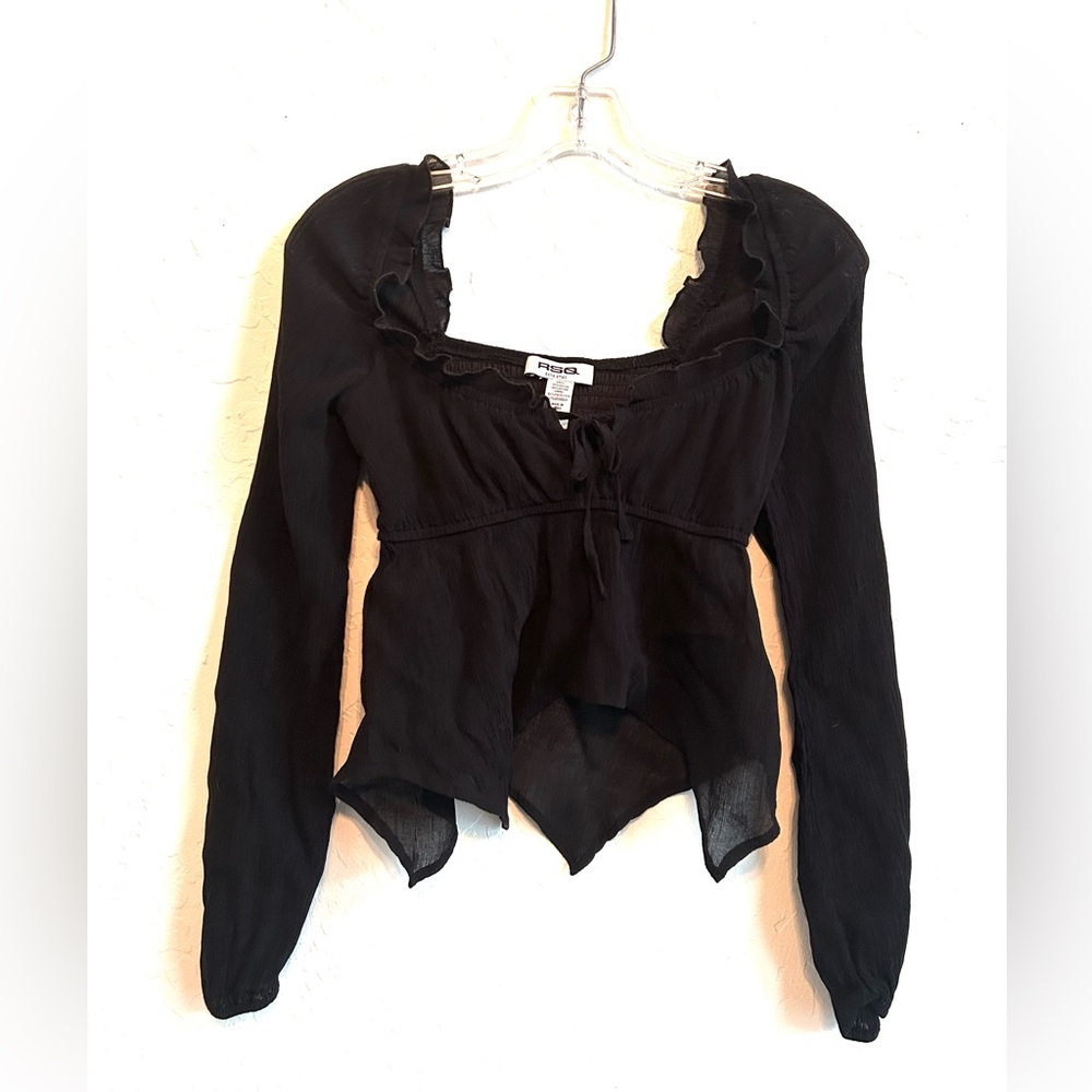 RSQ Black Handkerchief cut Tie-Front Peasant Blouse - long sleeved top
